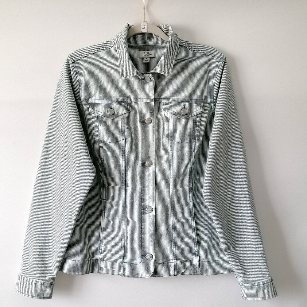 Croft & Barrow Womens Blue White Flap Pockets Striped Button Front Jacket Size M